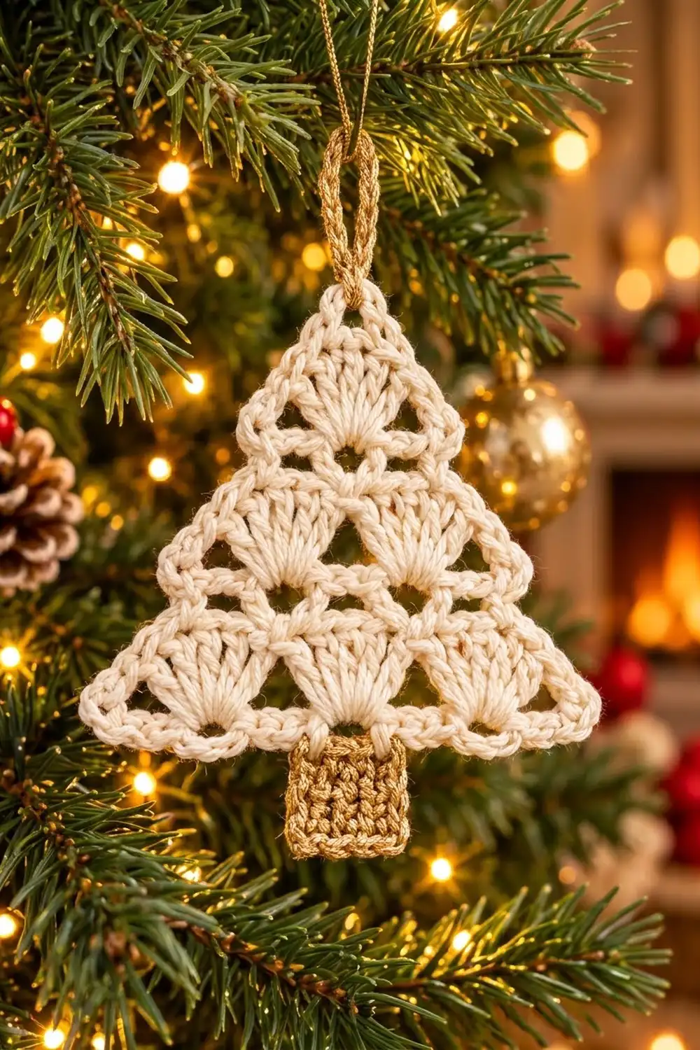 Cream crochet Christmas tree ornament with openwork pattern hanging from evergreen branch with golden lights.