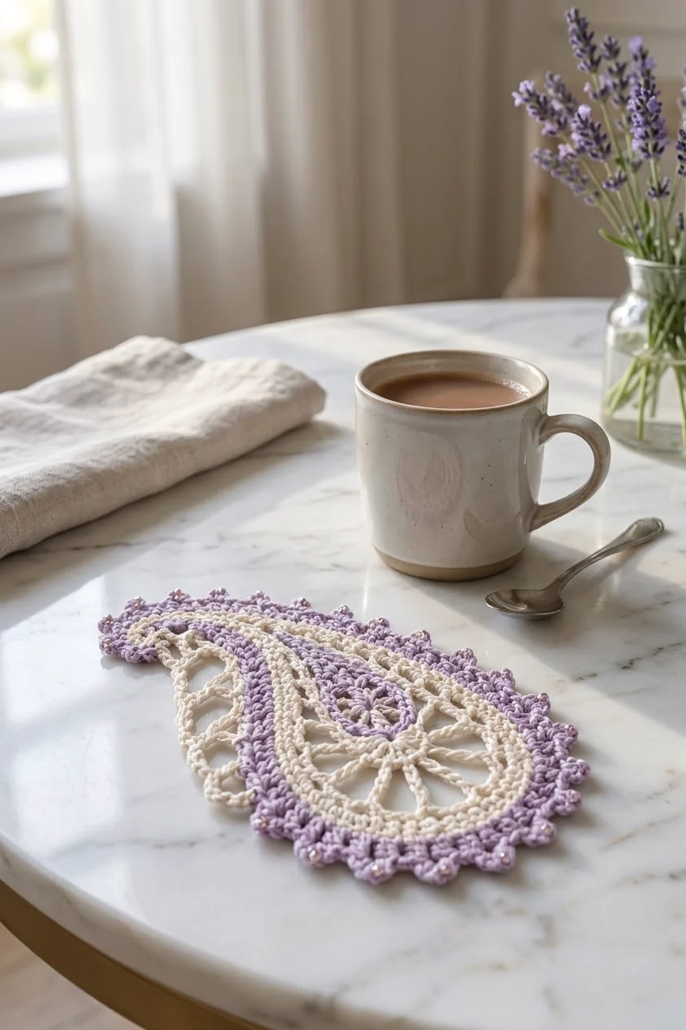 Crocheted purple and cream lacy coaster beside a coffee cup on a marble table with fresh lavender nearby.