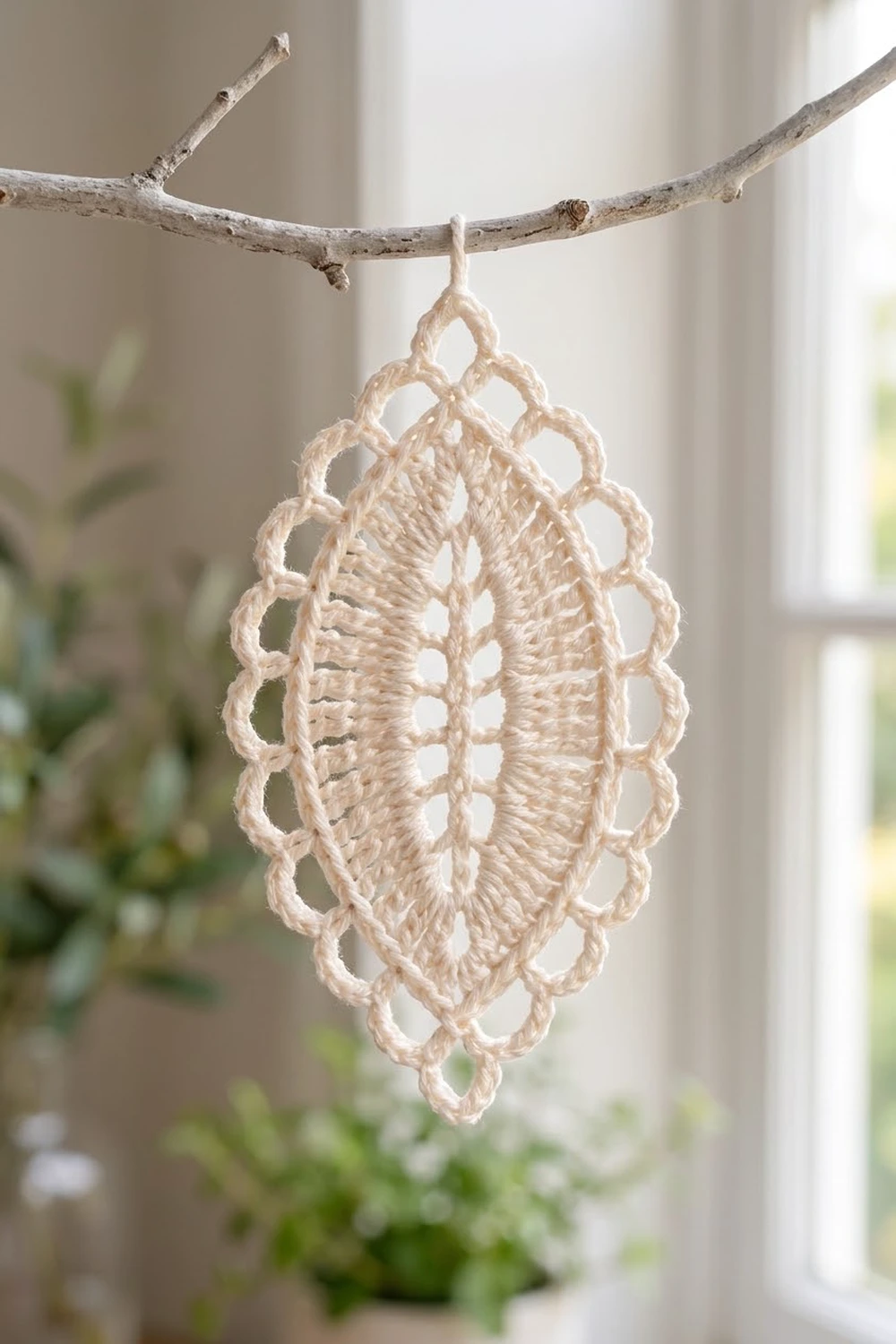 Cream-colored crocheted leaf ornament hanging from a bare branch with soft natural light and green foliage in the background.