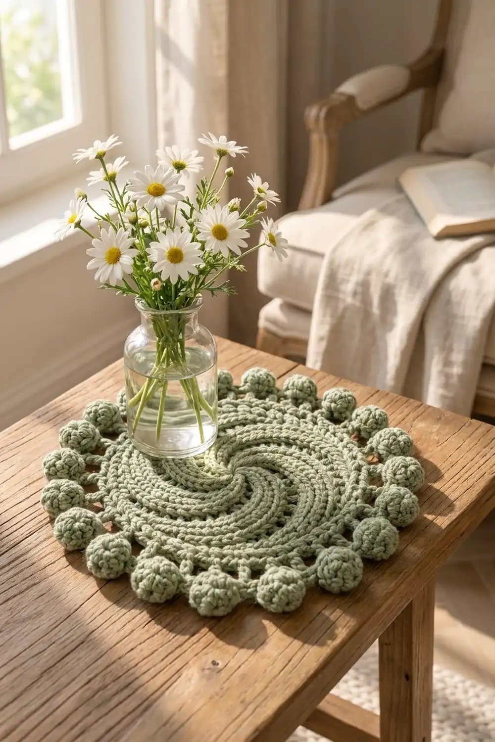 Sage green crocheted coaster with scalloped bobble edges on a wooden table, styled with white daisies in a minimal bedroom.