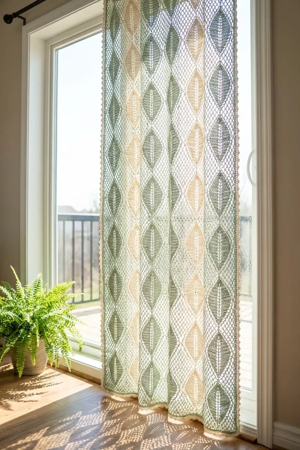 Crocheted curtain with green, cream, and tan diamond leaf pattern hanging on glass door with potted fern beside it.