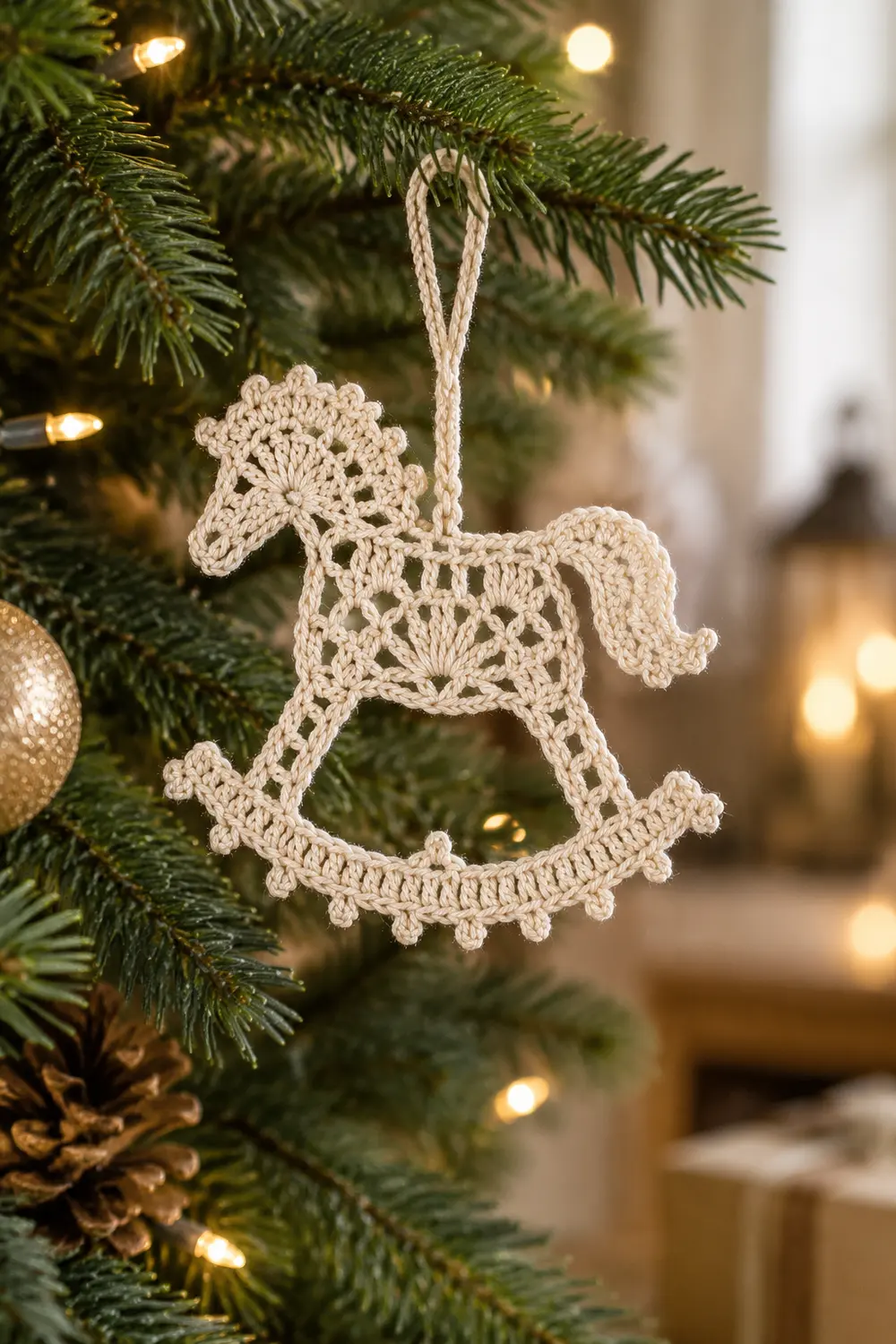A cream crocheted rocking horse ornament hangs from an evergreen branch with warm string lights and gold baubles.