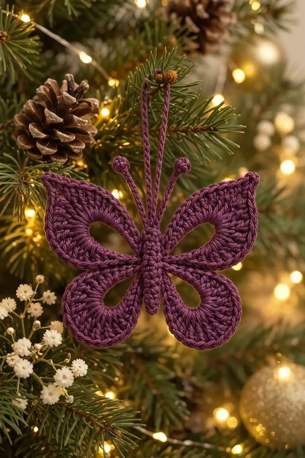 Purple crochet butterfly ornament with antennae hanging among evergreen branches, pinecones, and warm golden lights.