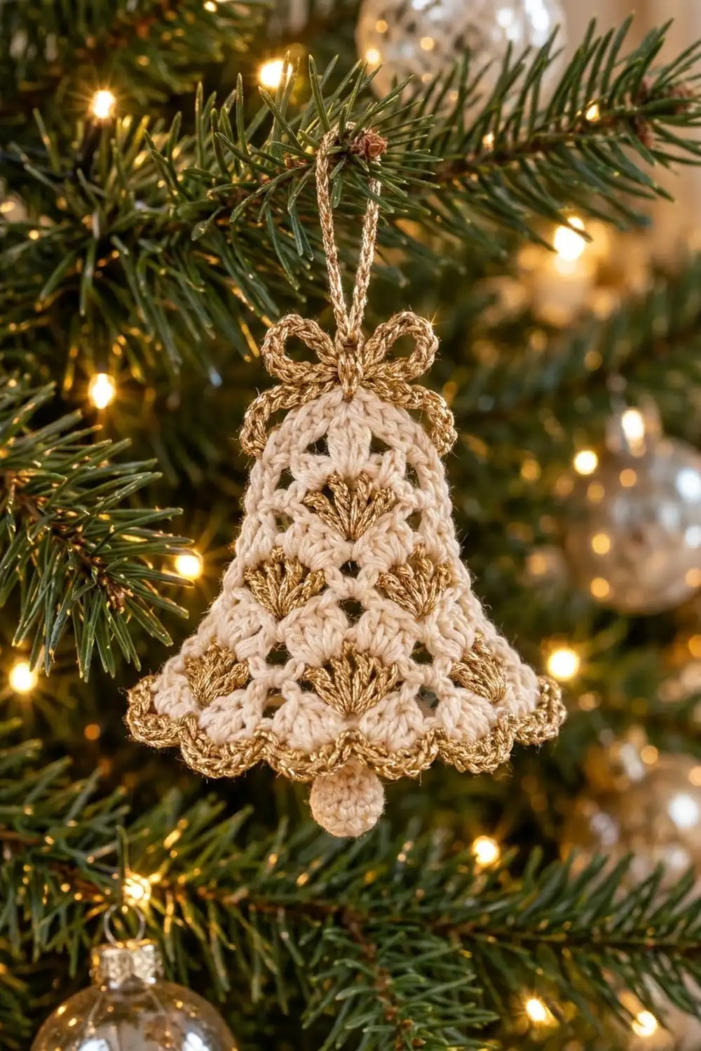 Handmade crocheted cream and gold bell ornament with matching bow hanging on an evergreen tree with warm lights.