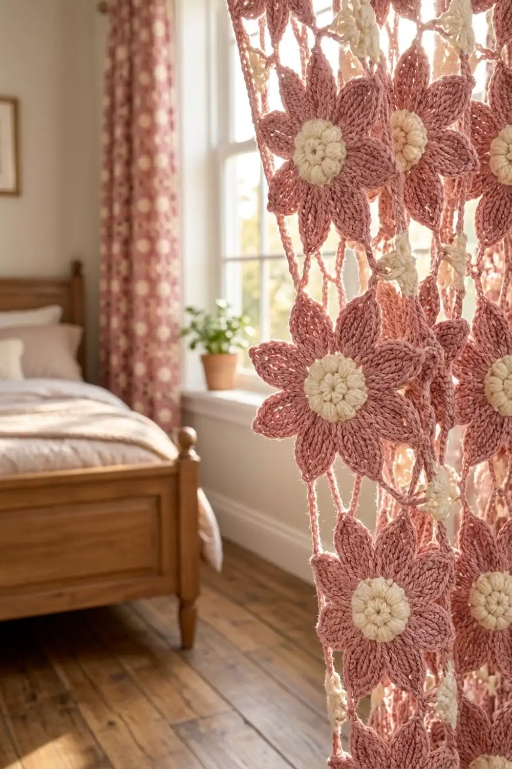Mauve crocheted flower curtain with cream centers hanging in front of a sunny bedroom window.