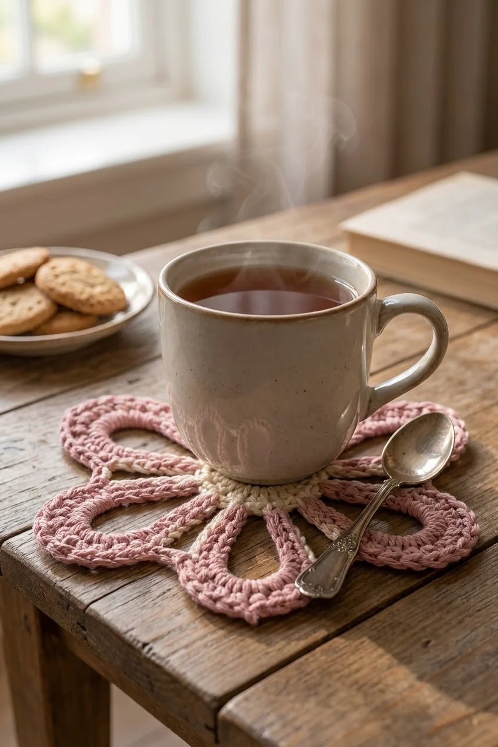 A cream mug of steaming tea rests on a dusty pink crocheted coaster beside cookies on a bright wooden table.