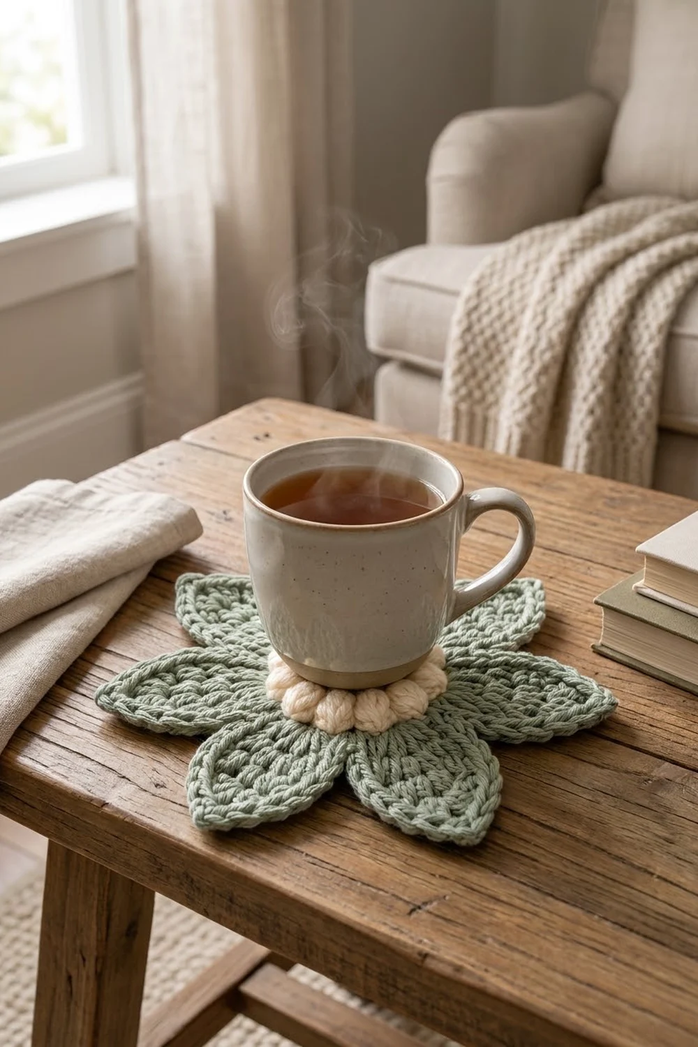 Cream ceramic mug with tea on a sage-green and cream crocheted flower coaster, sitting on a wooden living room table.