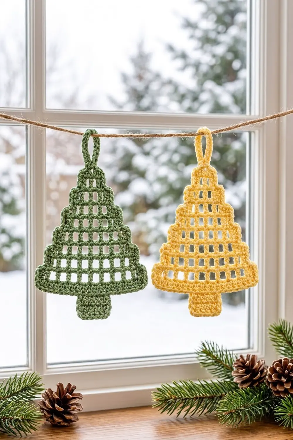 Crocheted green and gold Christmas tree ornaments hanging from rope in snowy window with evergreen and pinecones below.