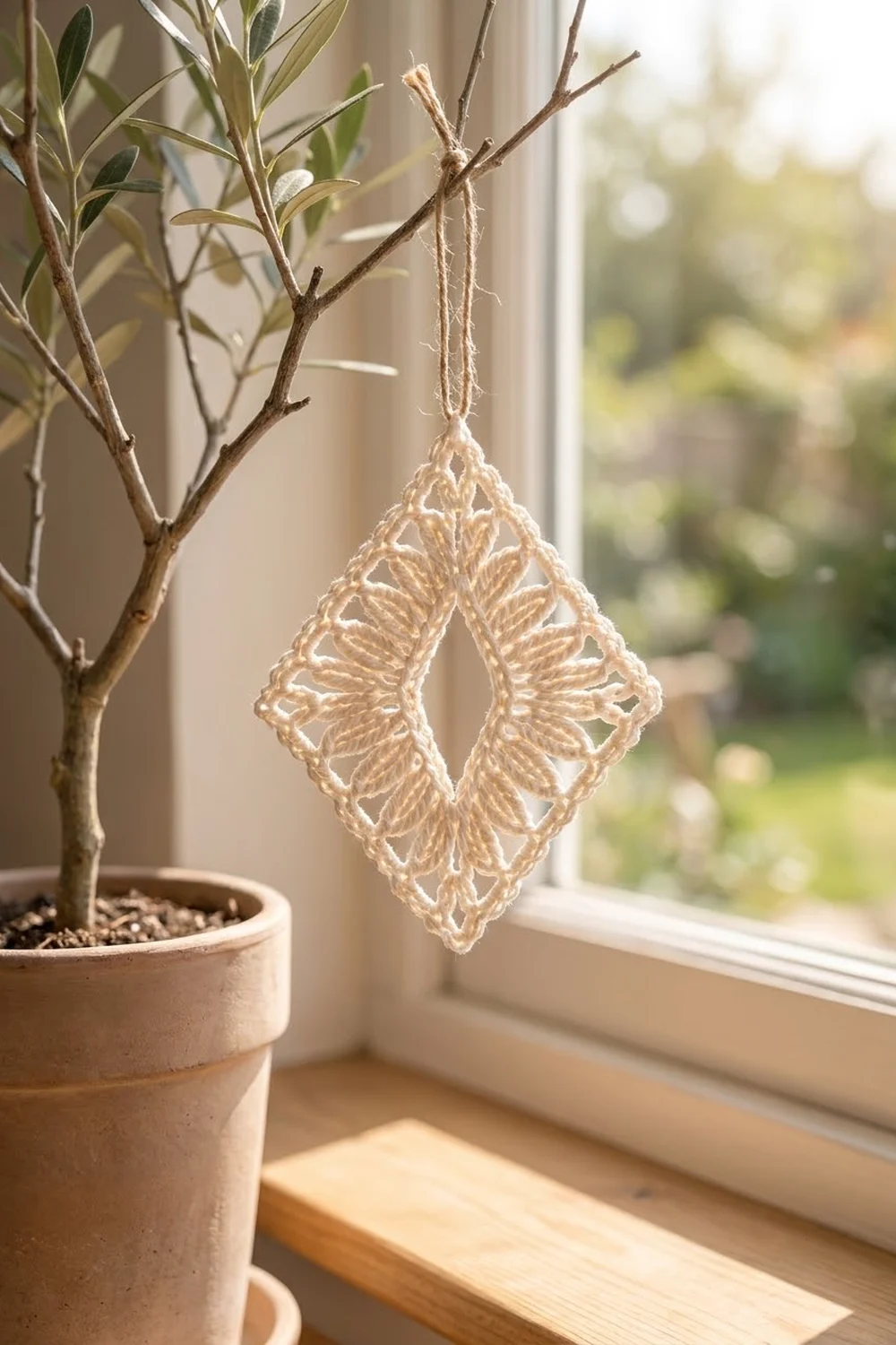 Cream-colored crocheted diamond-shaped leaf ornament hanging from a leafy potted plant on a sunny windowsill.