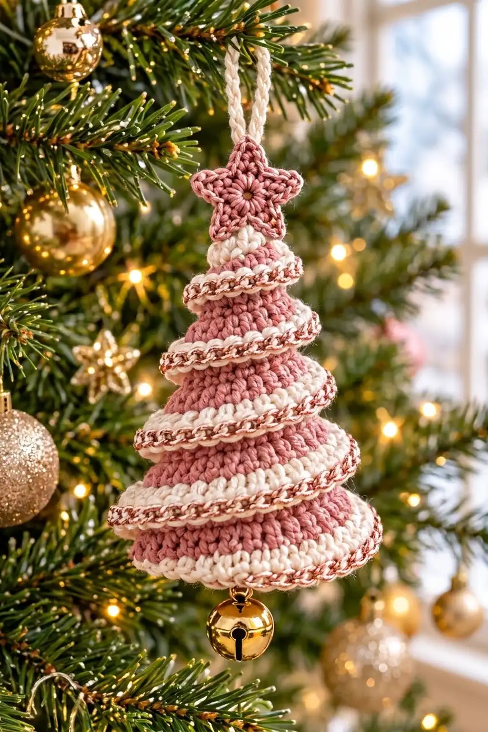 A crocheted ornament shaped like a Christmas tree in dusty pink and cream hangs on a decorated evergreen.