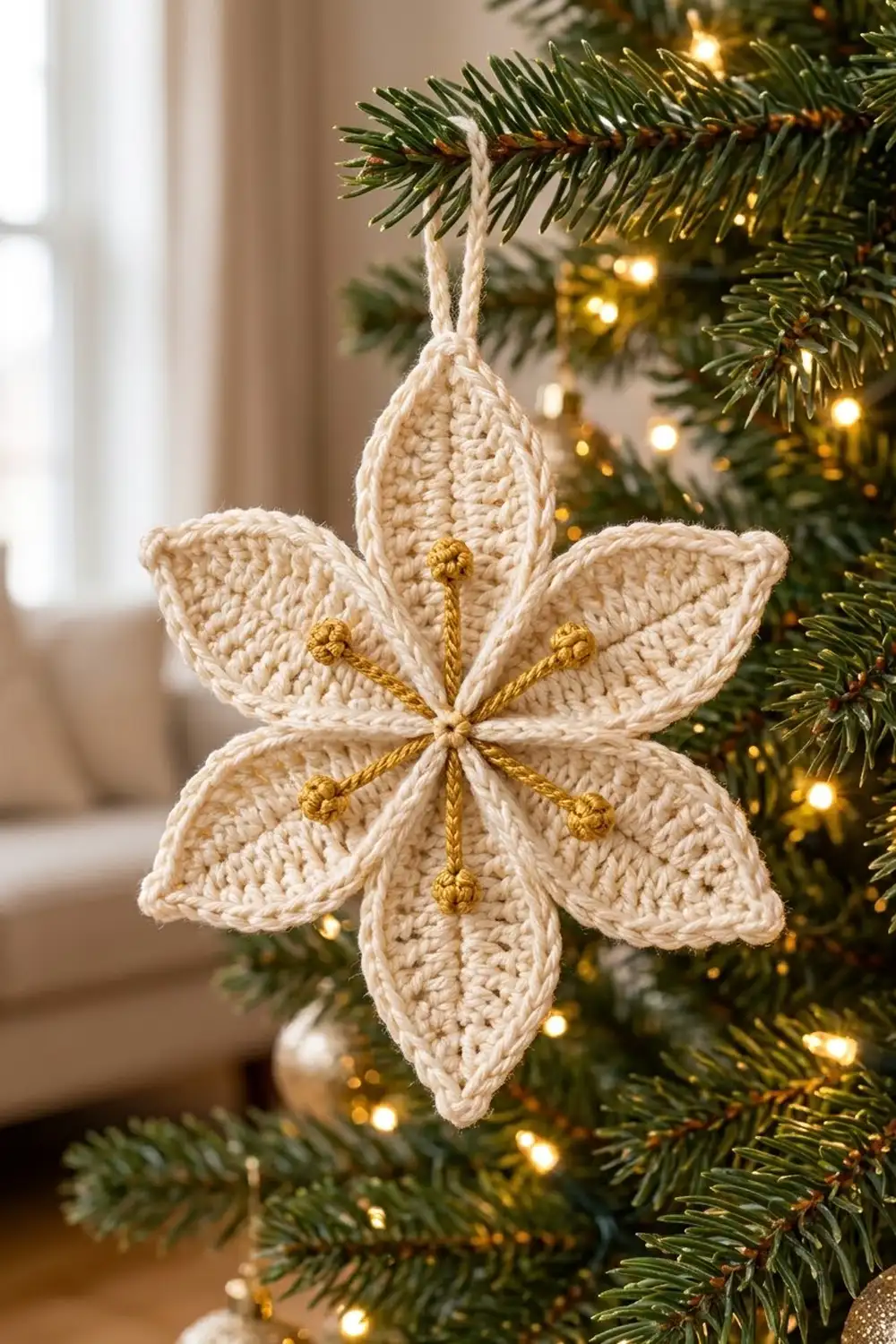 Cream-colored crocheted star ornament with gold accents hanging on evergreen tree branch with warm lights.