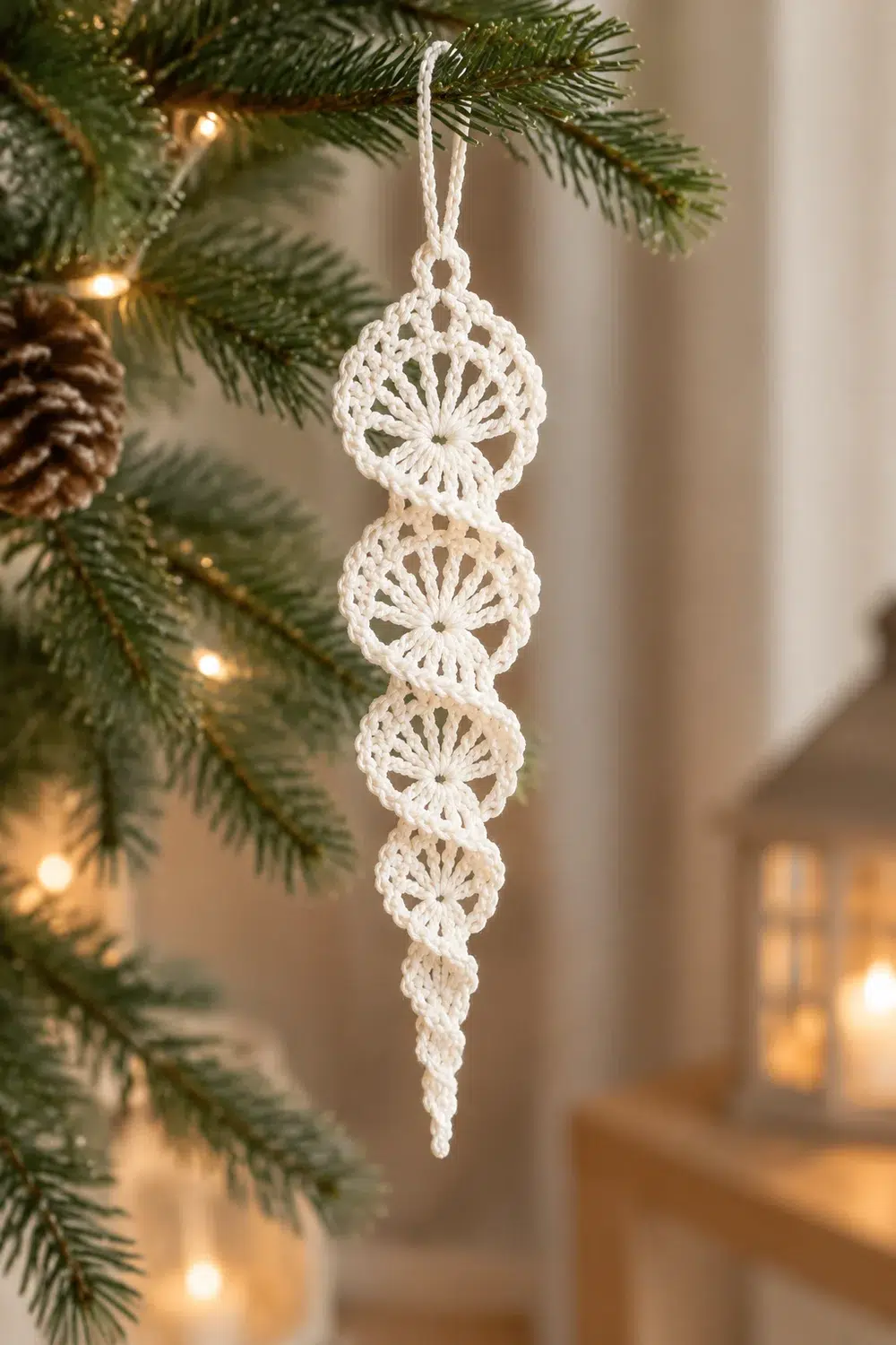 A delicate white crocheted ornament with circular motifs hangs from an evergreen branch with warm lights.