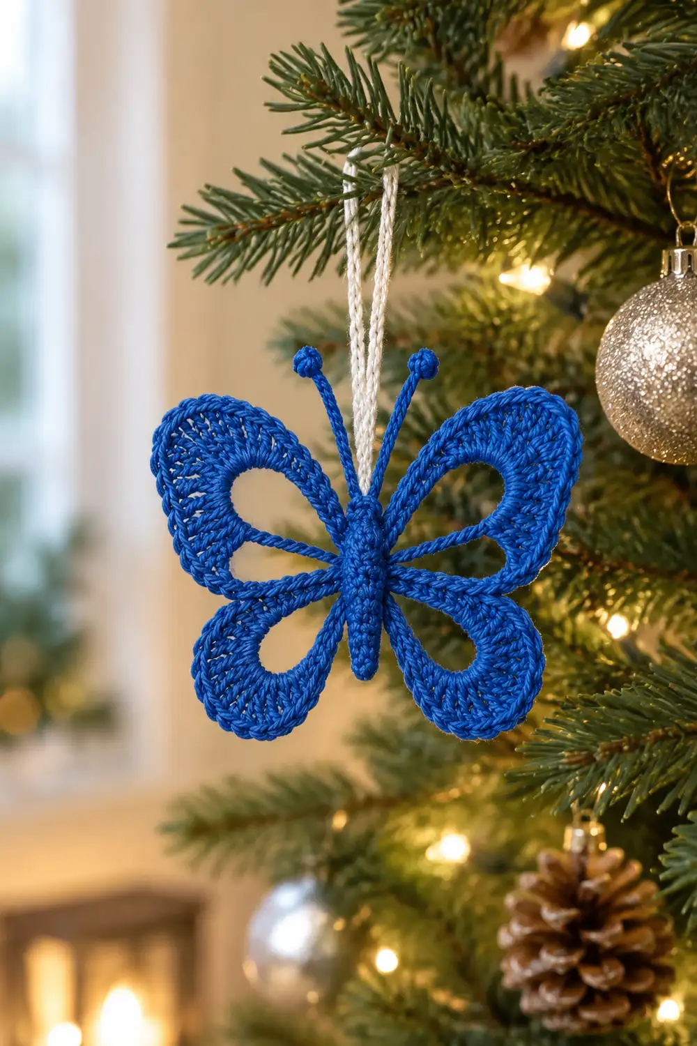 A blue crocheted butterfly ornament hangs from a white string on a decorated Christmas tree with lights and silver baubles.
