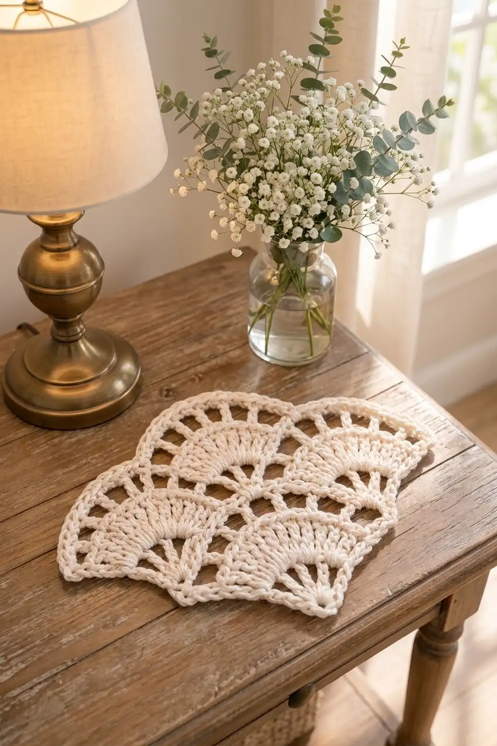 Handmade cream crocheted coaster with fan pattern on wood table styled with brass lamp and flowers.