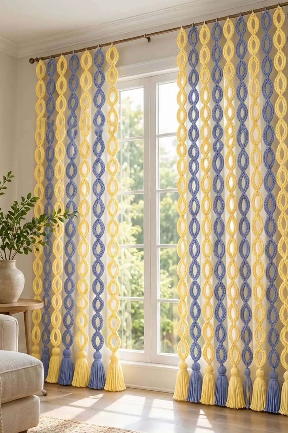 Yellow and blue diamond-patterned curtains with tassels hang at windows in a bright, neutral living room.