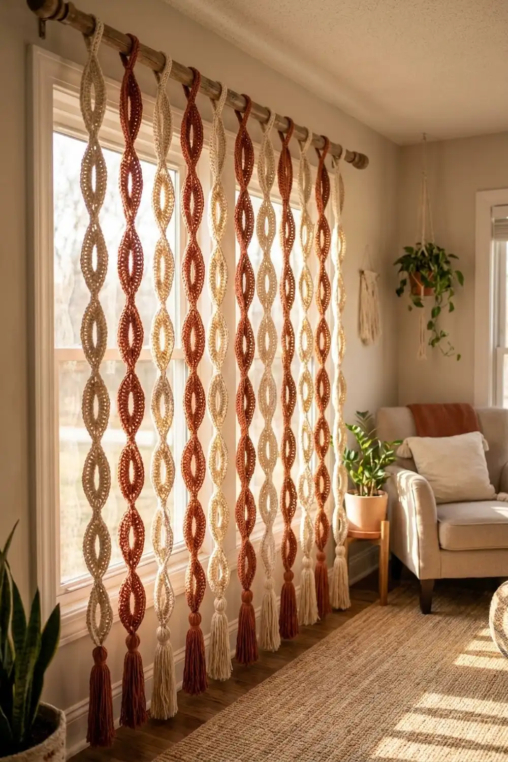 A cream and burgundy crochet curtain with tassels hangs before a bright window in a warm living room.