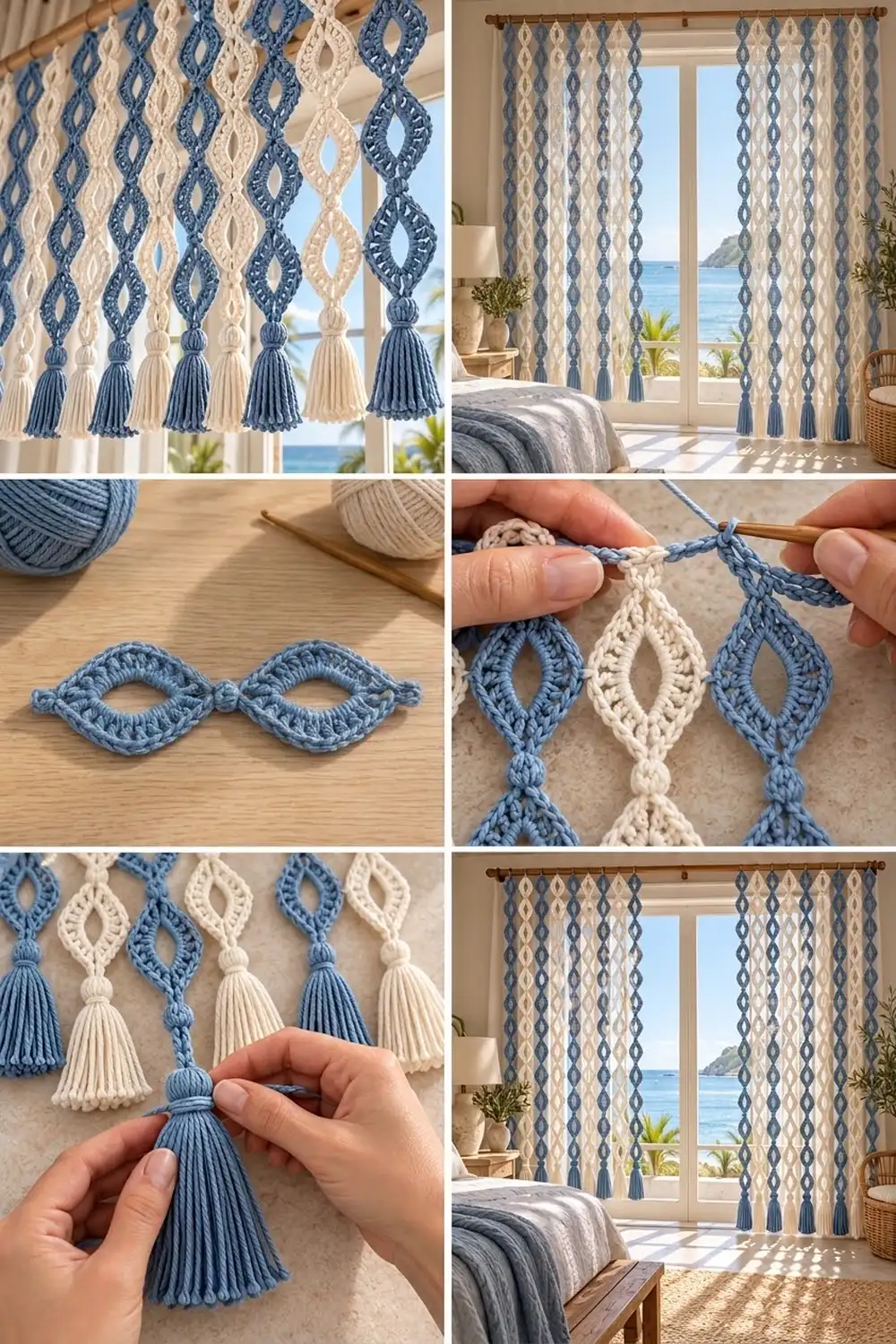 Handmade blue and cream macramé curtains with diamond motifs and tassels frame an ocean view in a modern coastal bedroom.