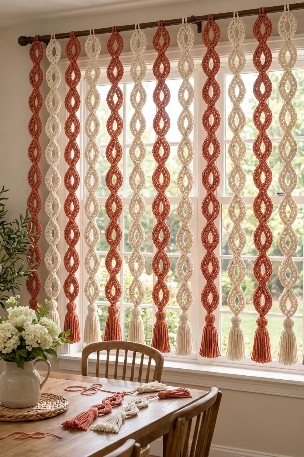 Alternating rust and cream crochet garlands with tassels hang from a wooden rod above a window.