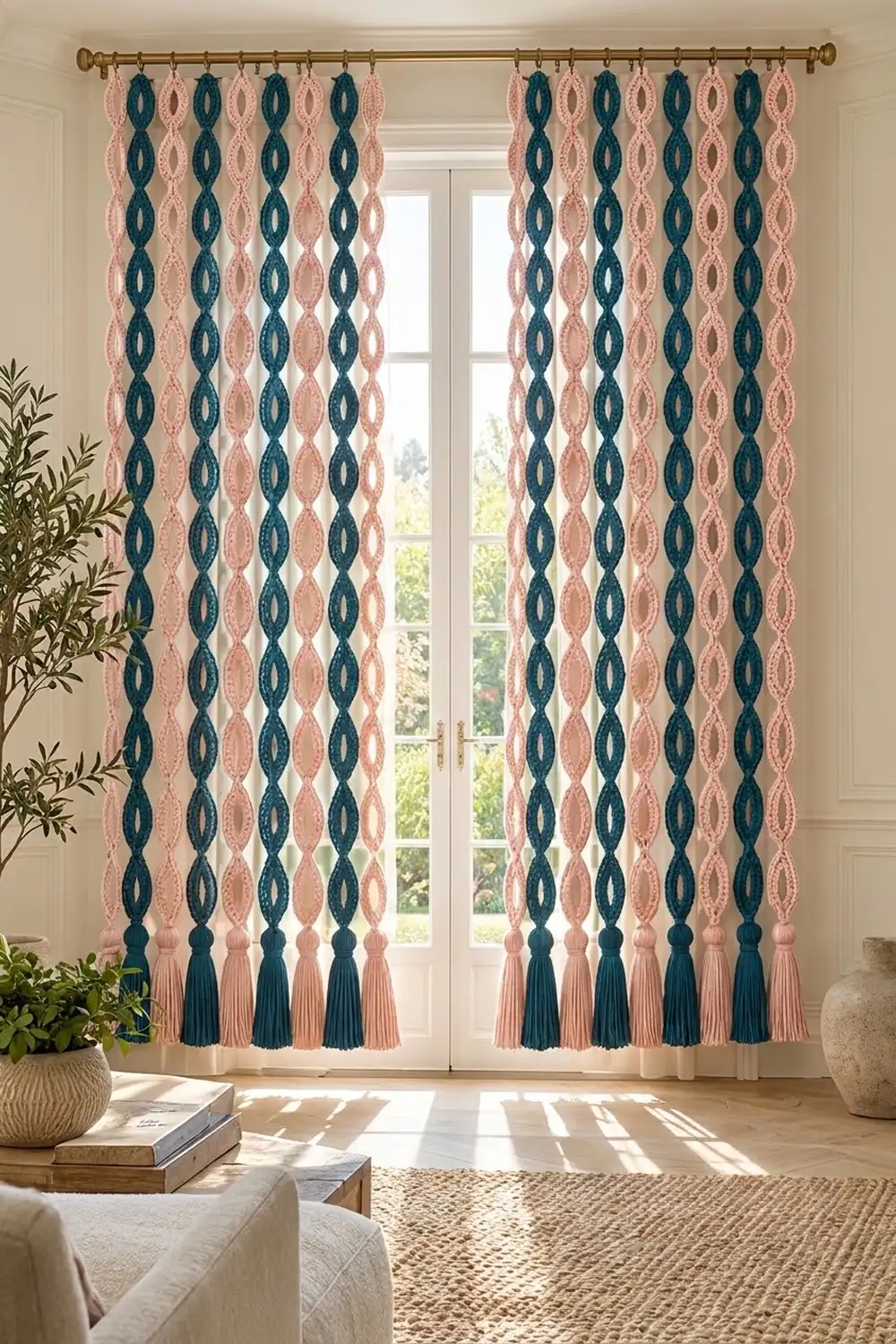 Geometric pink and teal patterned curtains with matching tassels hang from a brass rod beside a bright window.