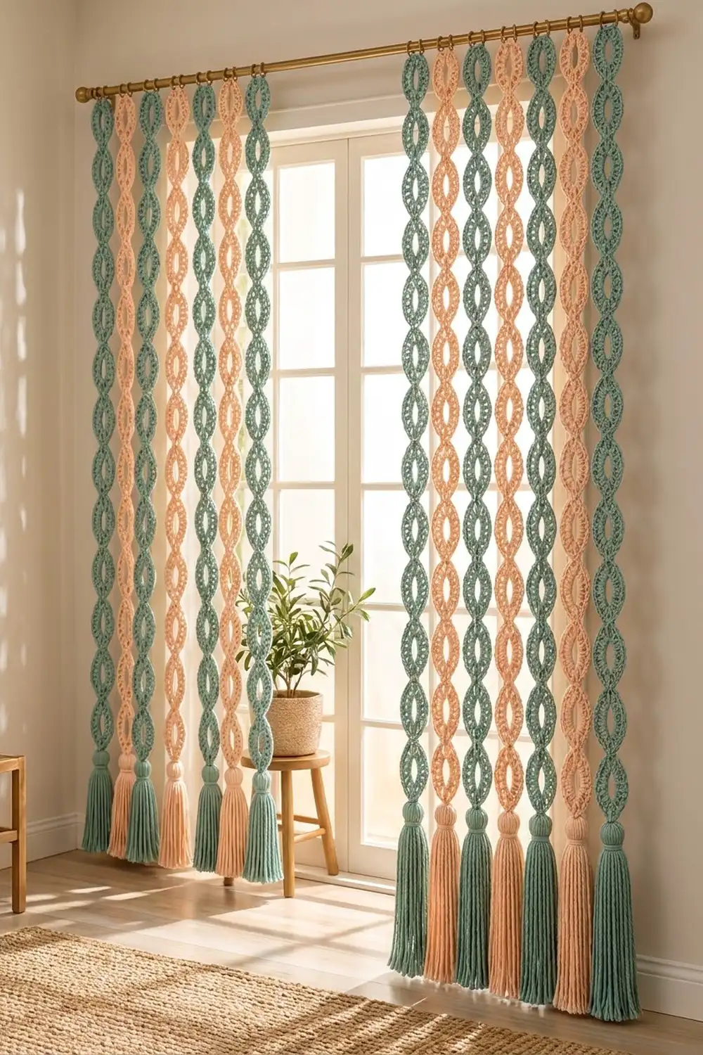 Crocheted curtains in sage, coral, and cream with geometric ovals and tassels frame a bright window.