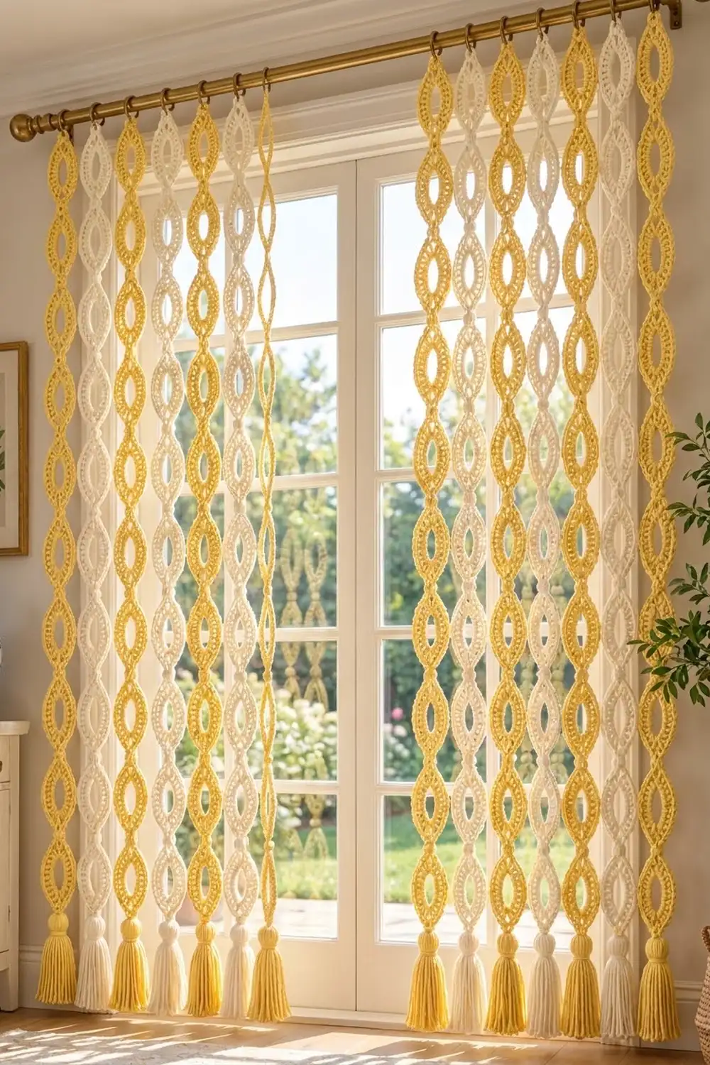 Gold and cream lace crochet curtains with tassel trim hang from a brass rod in front of a bright window.