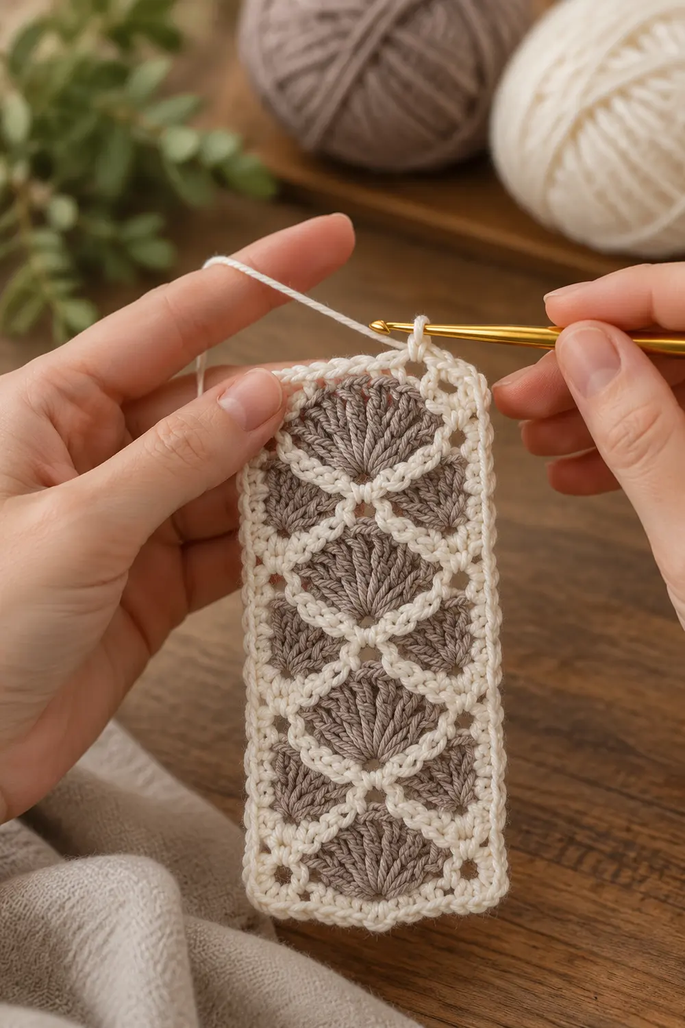 Hands crocheting a cream and taupe shell stitch pattern with a golden hook surrounded by yarn balls.