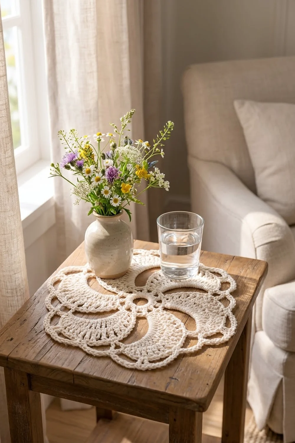 Beige crocheted doily displays wildflowers and water glass on wooden side table by window.