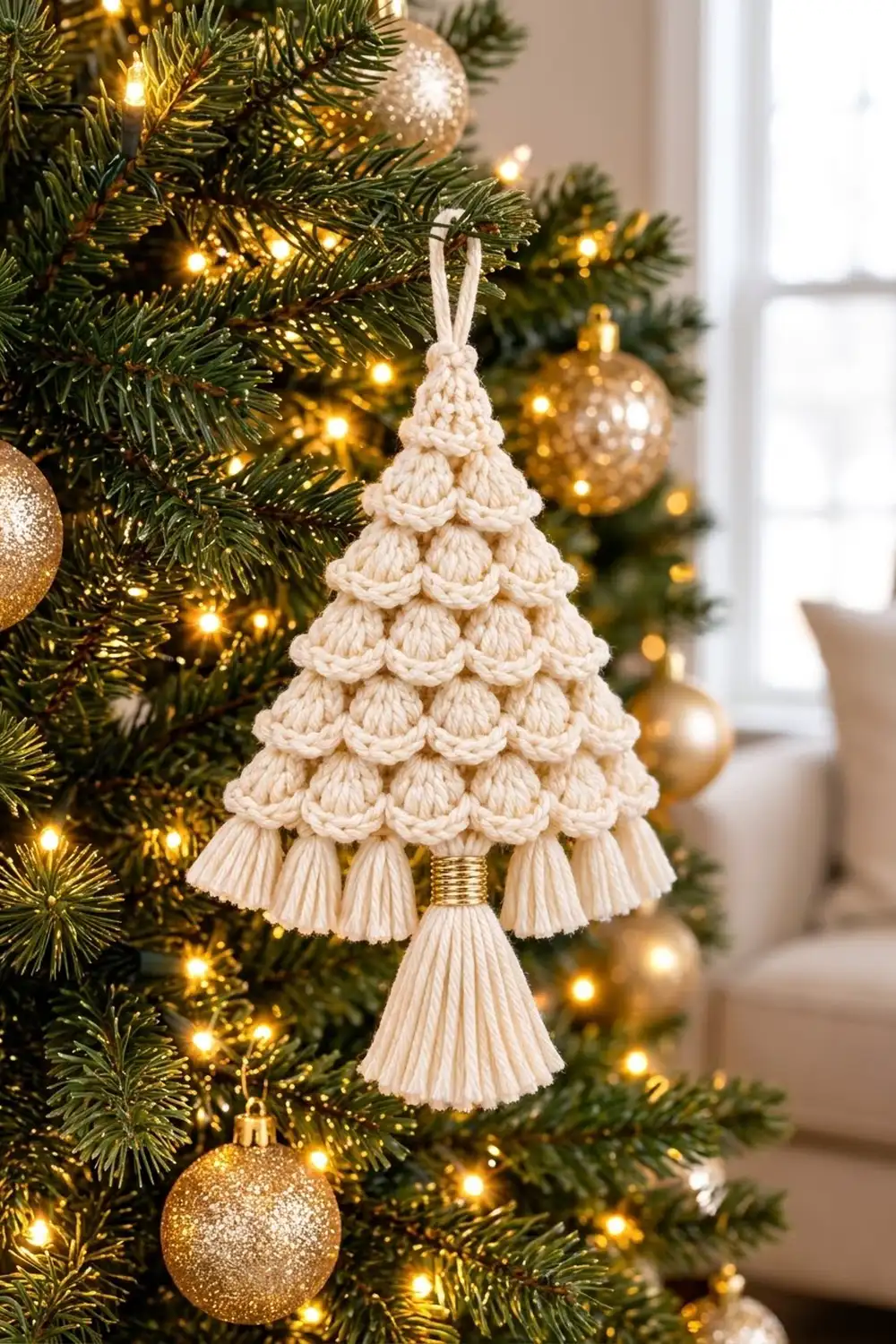 Cream-colored crocheted tree ornament with tassel hanging on evergreen Christmas tree with gold baubles and warm lights.