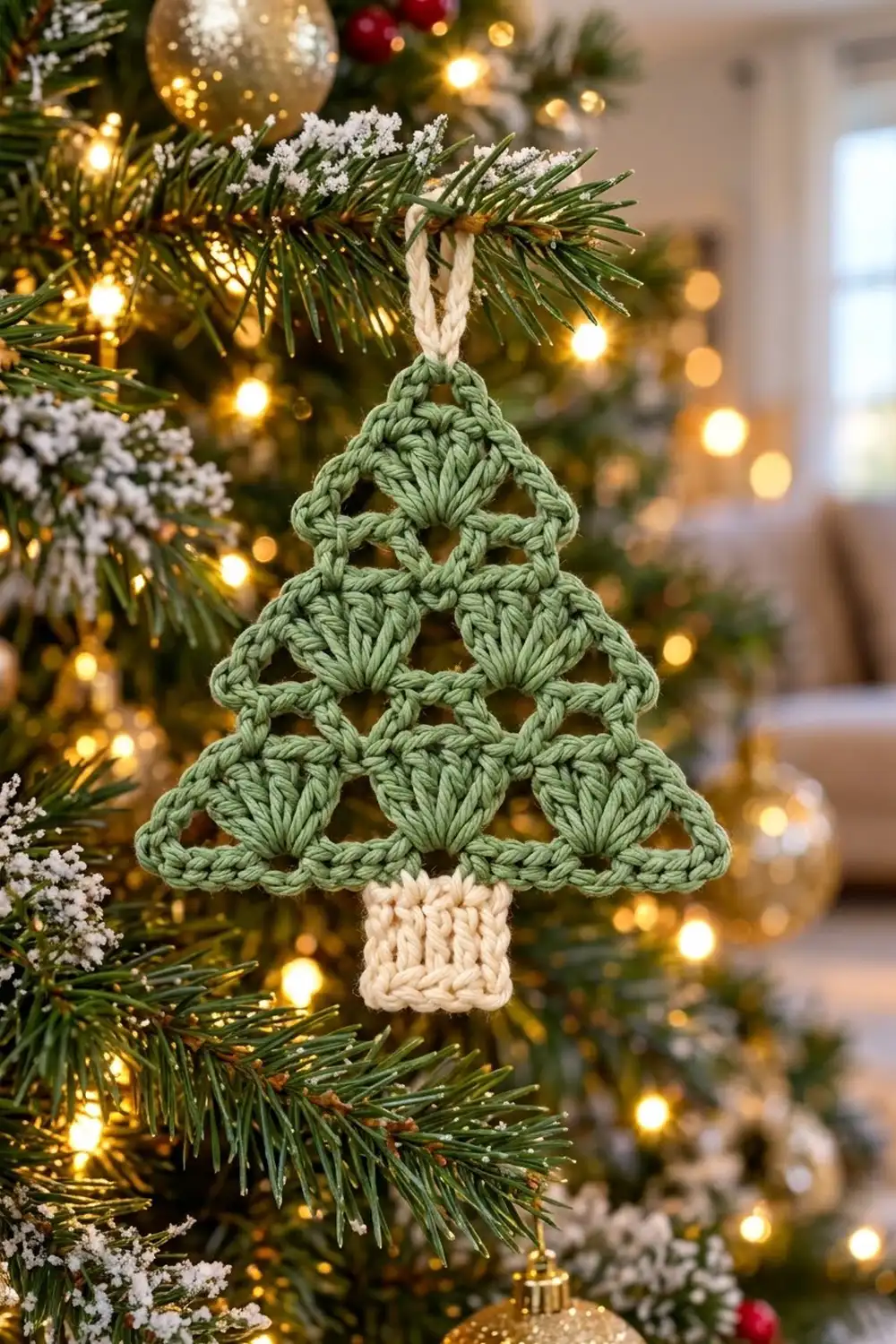 Sage green crocheted Christmas tree ornament with cream trunk hanging from frosted branch among golden lights and holiday decor.