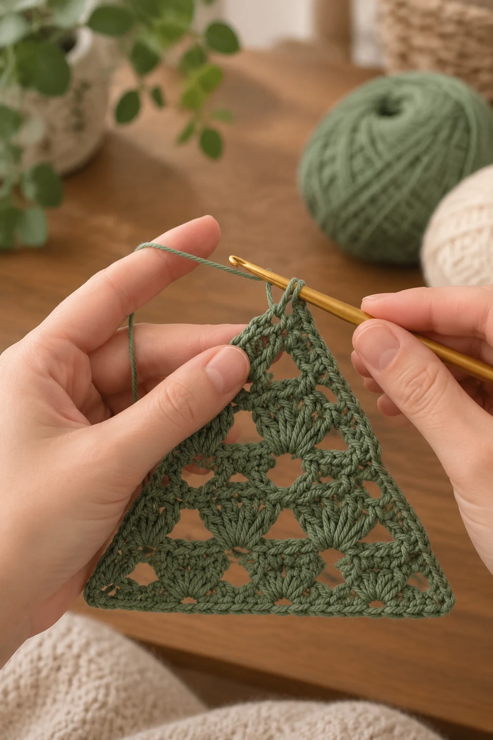 Hands holding a sage green crocheted triangle with an openwork pattern, wooden crochet hook, and yarn balls nearby.