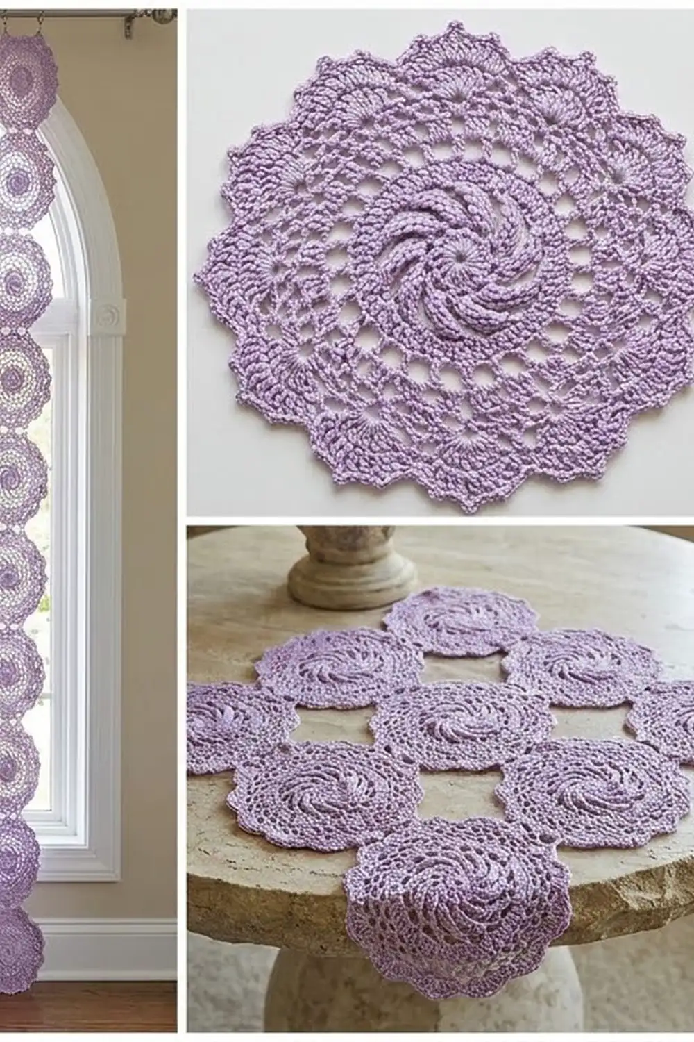Lavender crocheted doilies with intricate lace patterns displayed on a pedestal table and hanging near a window.
