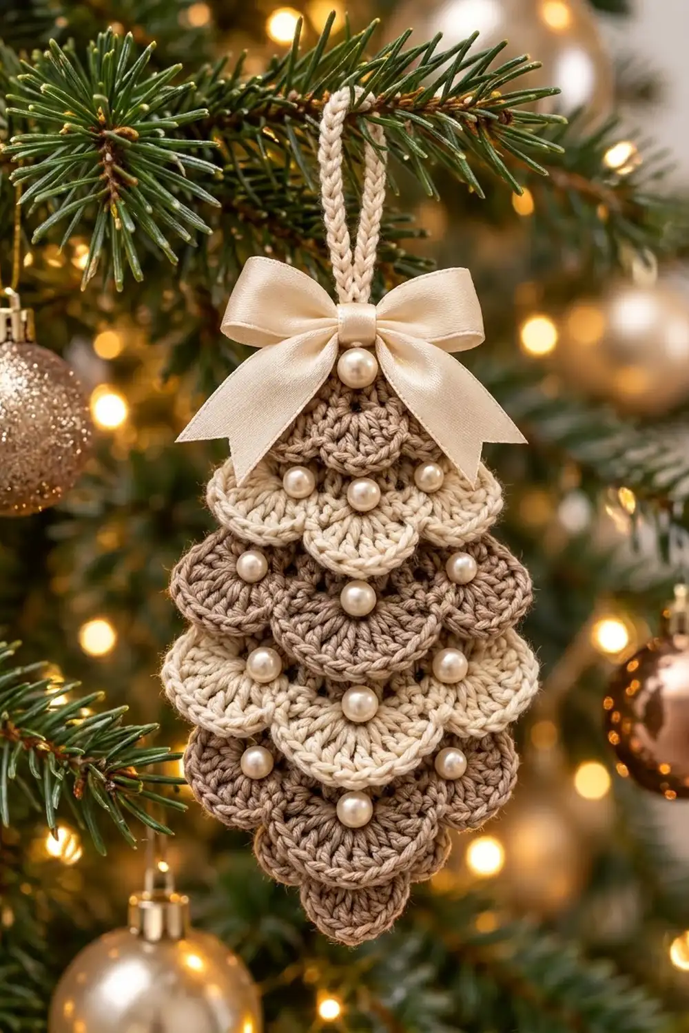 Crocheted tree ornament in cream with pearl beads and silk bow hanging on evergreen branch surrounded by warm golden lights.