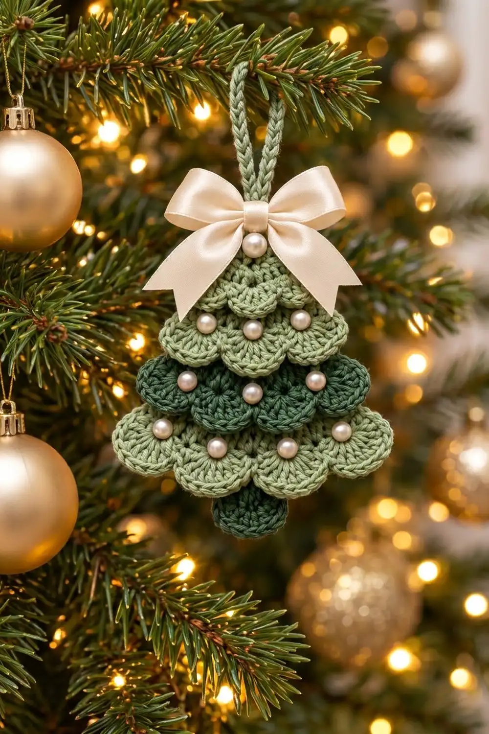 Sage-green crocheted Christmas tree ornament with pearl beads and cream bow on evergreen branch with golden lights and ornaments.