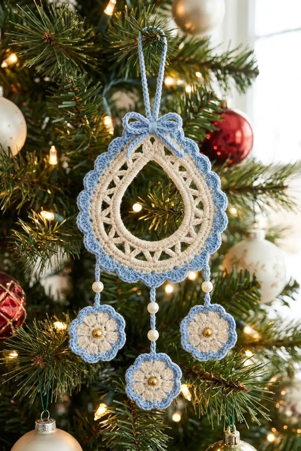Blue and cream crocheted ornament with teardrop and dangling flowers hangs on lit evergreen tree.
