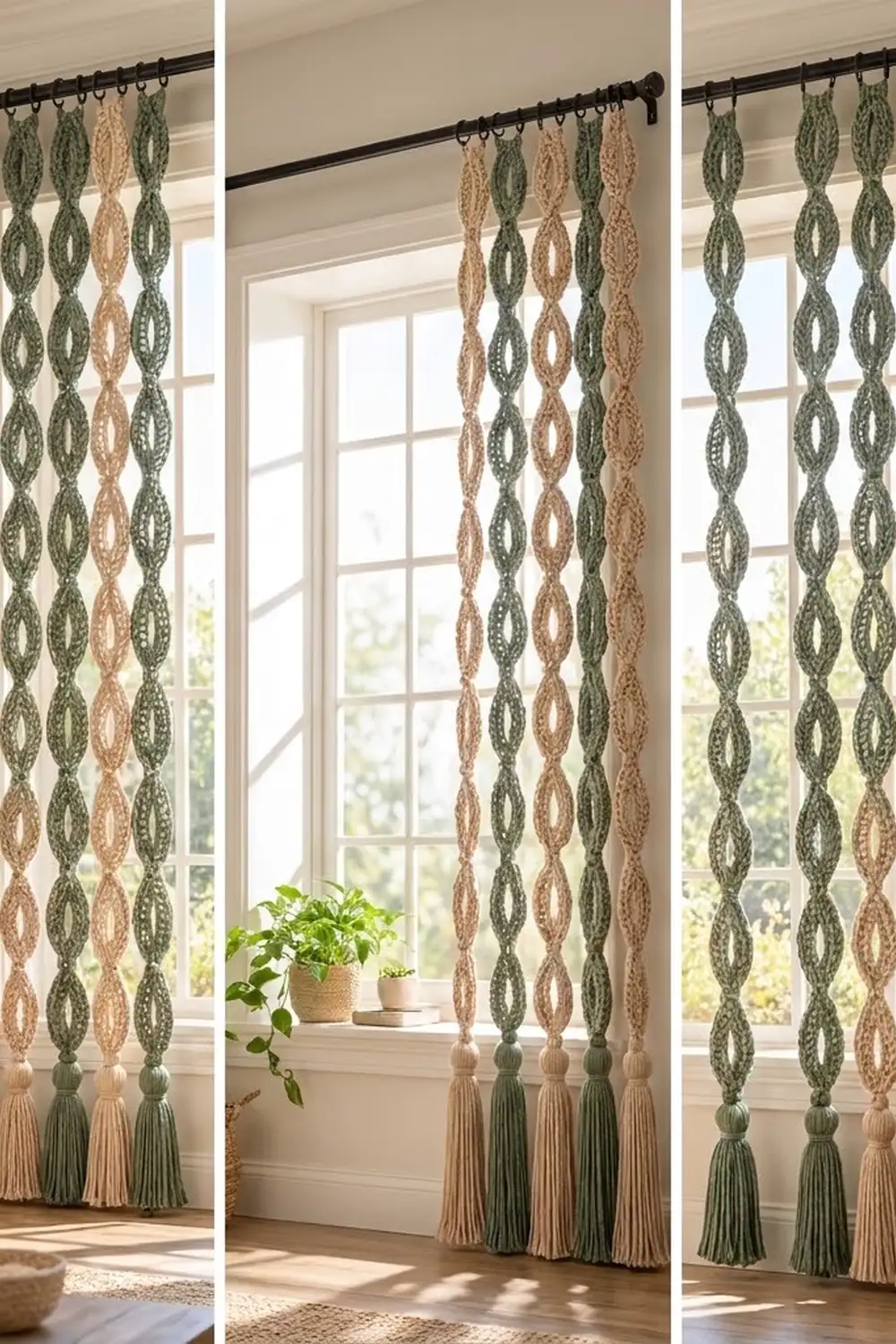 Crocheted curtain panels with geometric green and tan diamond pattern hanging on black rod with matching tassels in bright window.