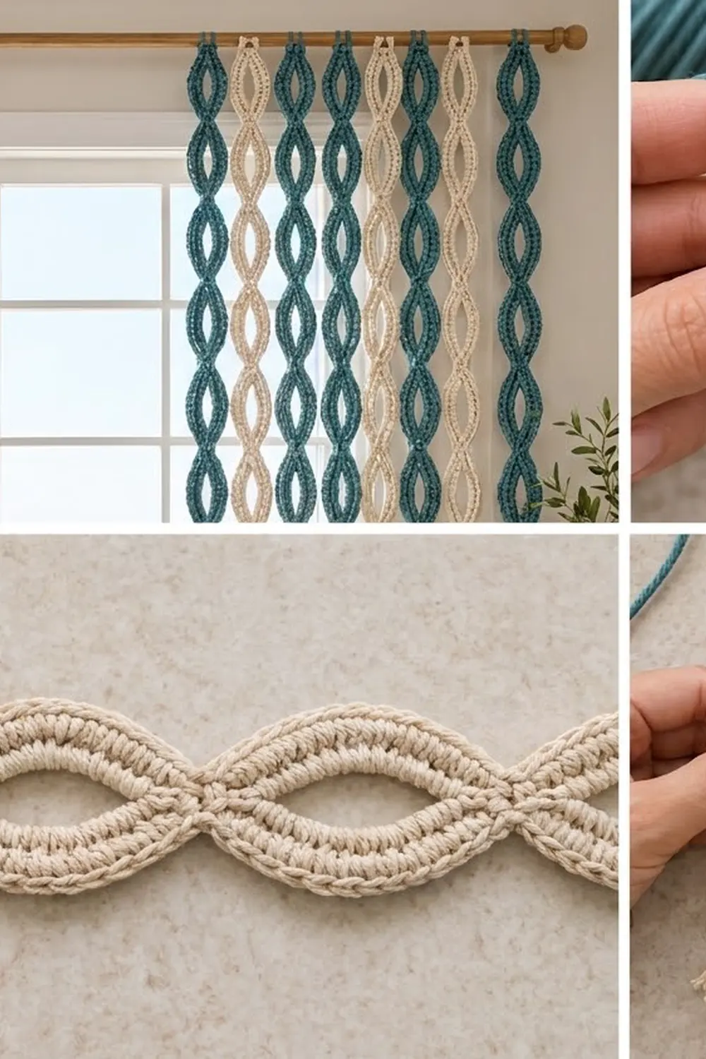 Teal and cream crochet panel with oval motifs displayed on a wooden rod near a window.