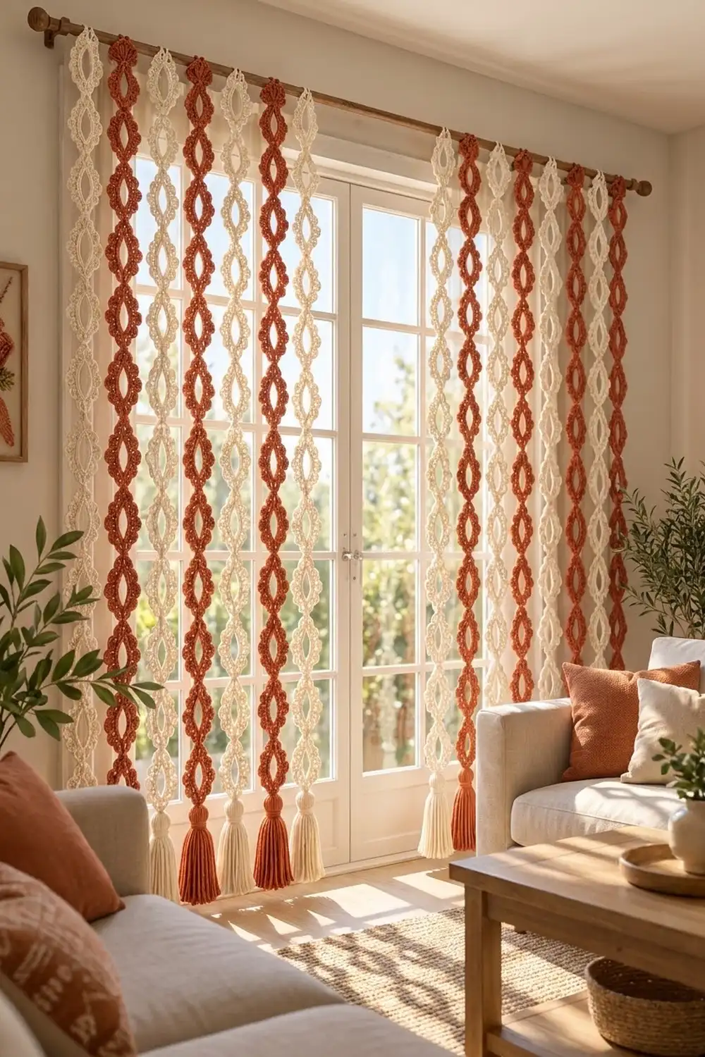 Macramé curtains with red and cream diamond patterns and tassels frame glass doors in a bright living room.