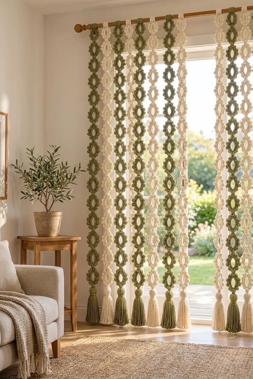 Olive and cream crochet curtains with lace patterns and tassels frame a bright window in a serene, plant-filled living room.
