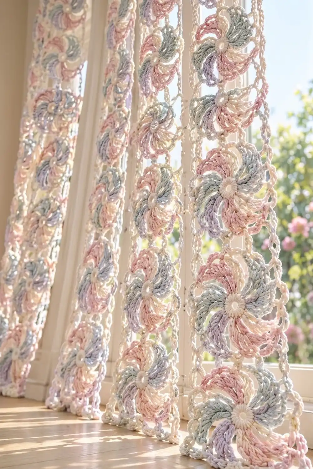 Crocheted floral curtains in pink, purple, and green hang in a sunlit window overlooking a garden.