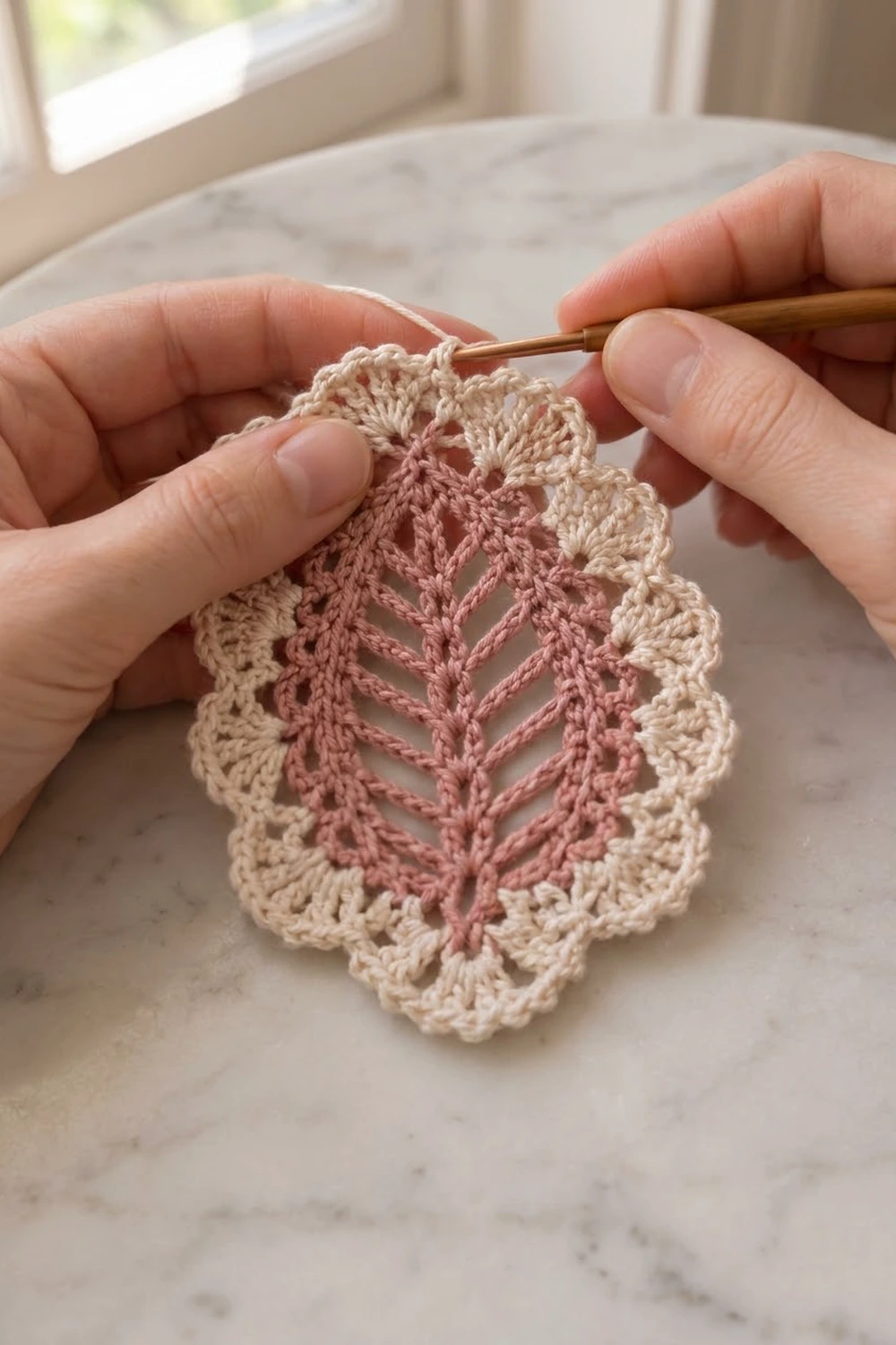 Hands working cream and pink openwork crochet with a wooden hook on a marble table in natural light.