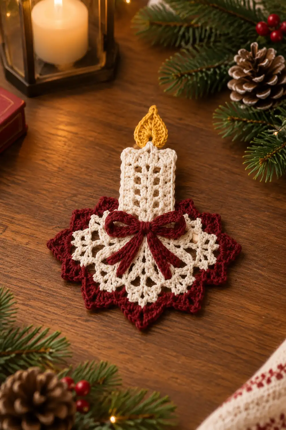 A crocheted candle ornament with cream body, gold flame, and red-and-cream bow sits on a wooden surface amid holiday decorations.