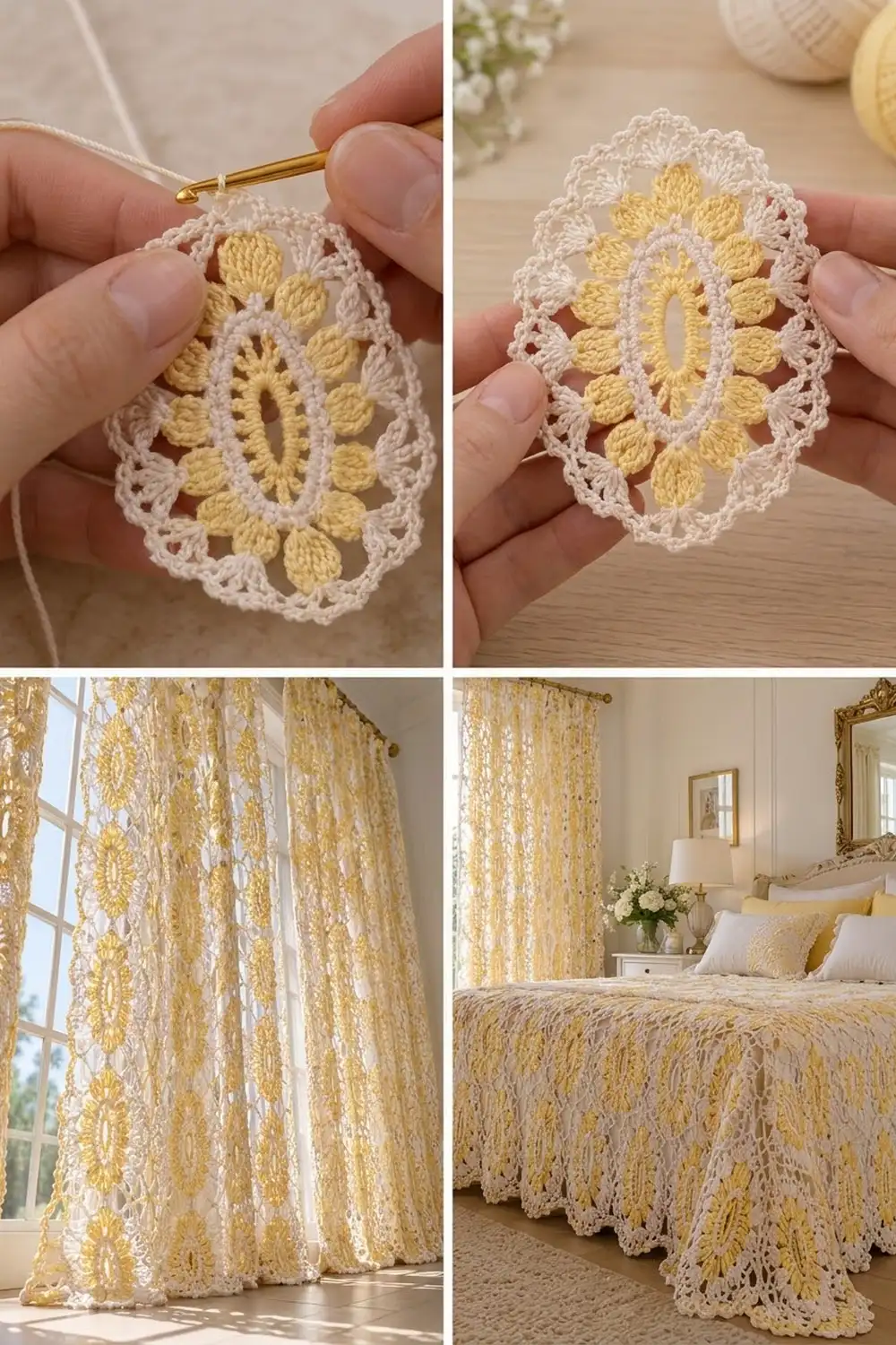 Cream and golden crocheted lace panels used as bedroom curtains and a bedspread in a luxurious home setting.