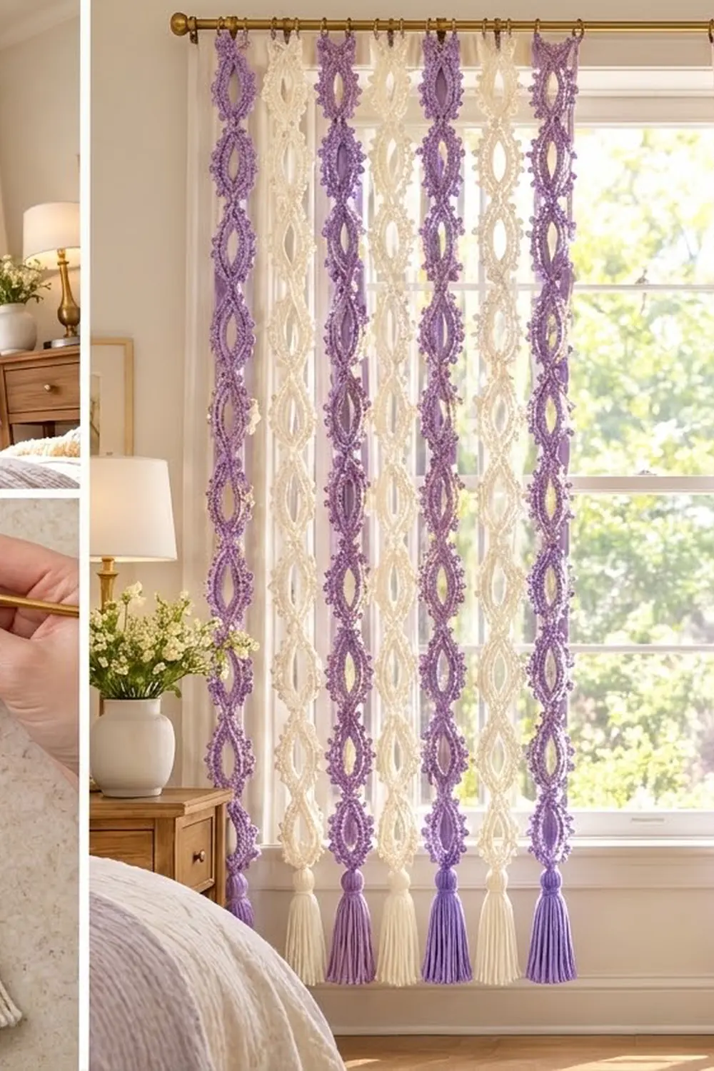 Alternating purple and cream lace curtains with tassels hang from a brass rod in a sunlit bedroom.