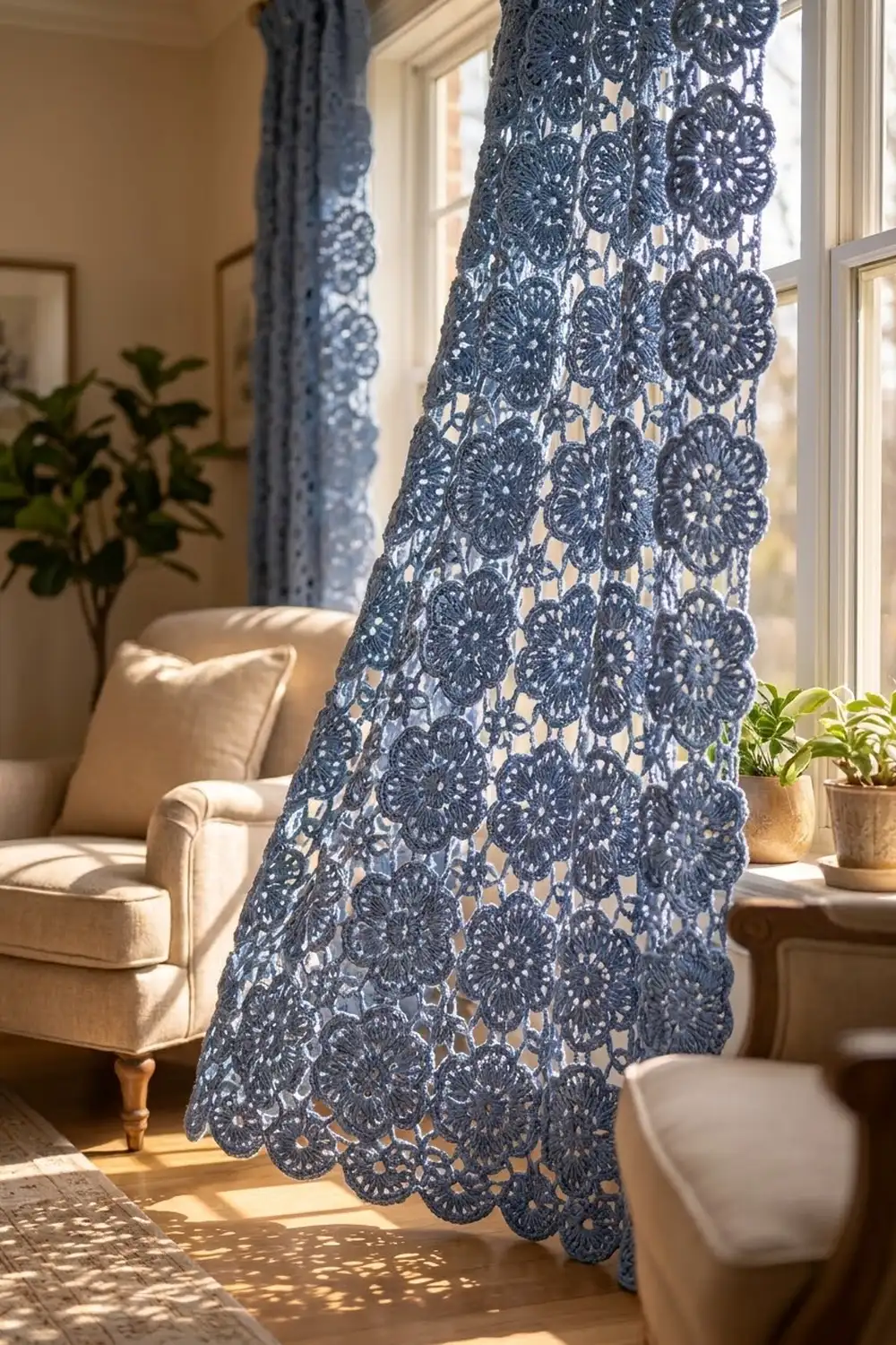 Navy crocheted lace curtain with floral pattern hangs by sunny window in bright, cream-colored room with plants and chair.