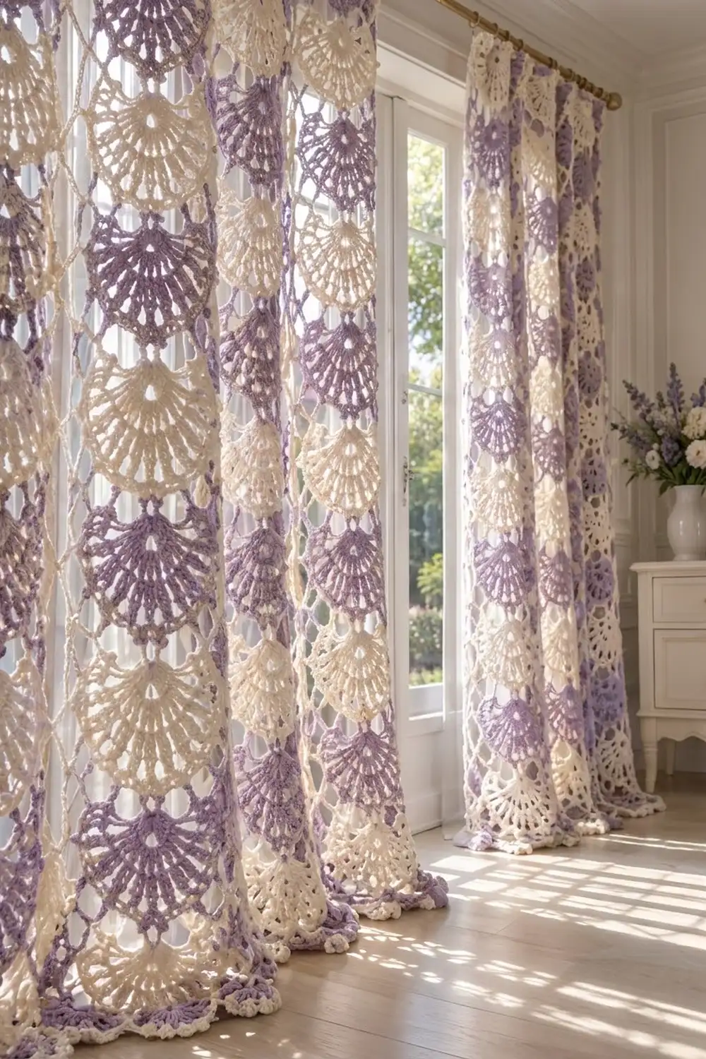 Purple and cream crocheted lace curtains with fan-shaped motifs hang at a bright window in a sunlit room.