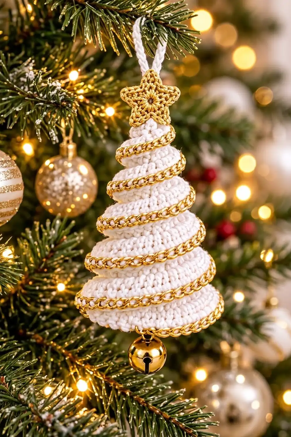 White crocheted tree ornament with gold trim and star, hung on an evergreen branch amid Christmas lights and decorations.