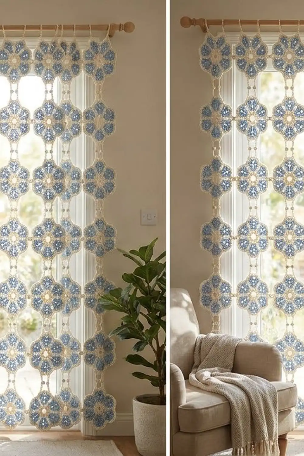 Blue and cream crocheted geometric flower motifs suspended from wooden rod, displayed above an armchair in a neutral room.