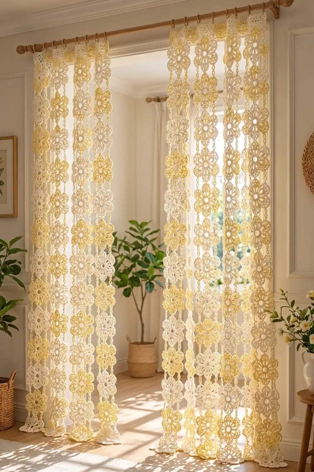 Crocheted lace curtains with golden-yellow flower motifs hanging from wooden rod in bright, minimalist home with potted plants.