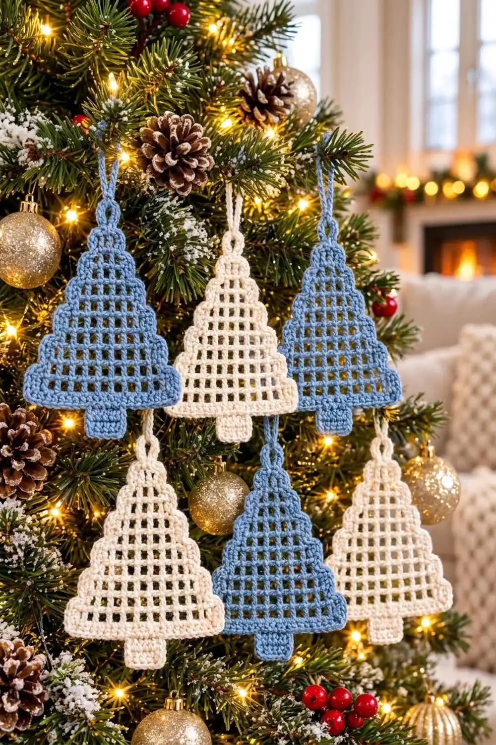 Crocheted blue and cream tree ornaments hanging on an evergreen branch with twinkling lights and festive decorations.