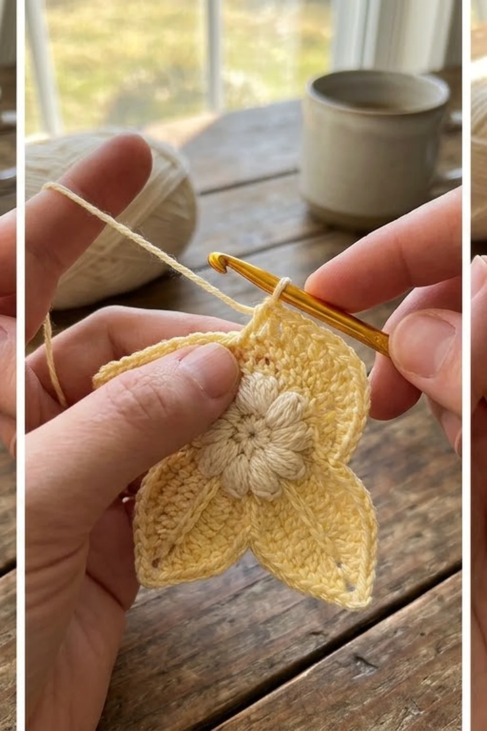 Hands holding a yellow crocheted leaf-shaped piece with crochet hook, displayed on a wooden table by a window.